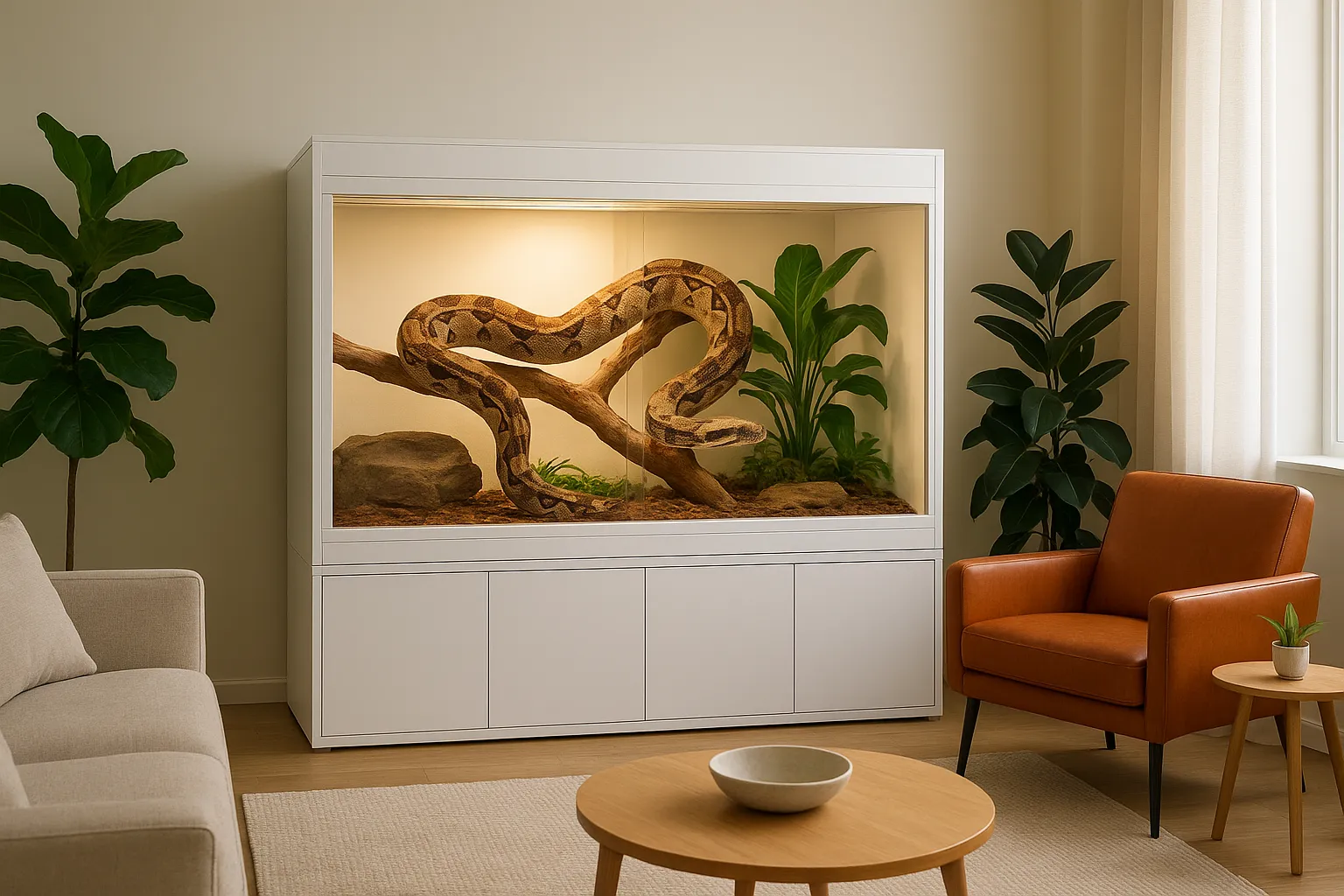 Toxirium snake enclosure with plants, rocks in a home setting.